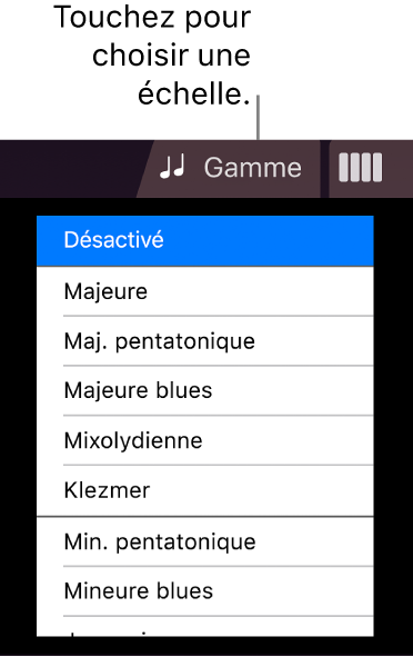 Bouton Gamme de cordes et liste de gammes