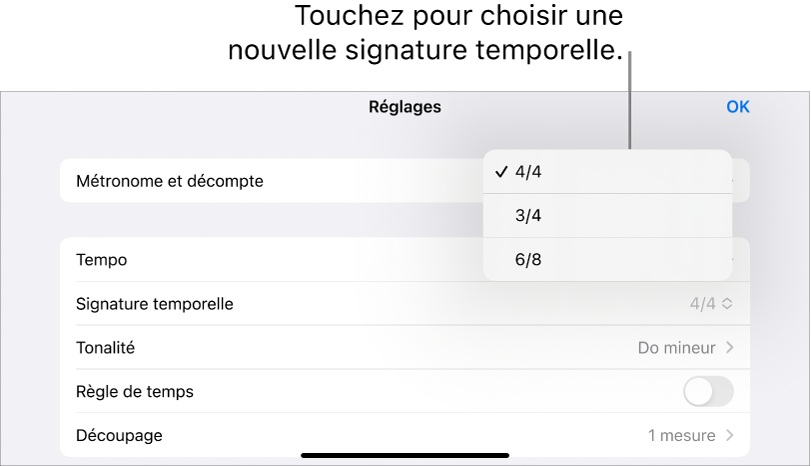 Réglages de signature temporelle dans les réglages du morceau