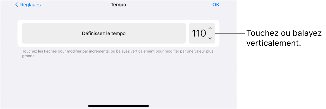 Réglages de tempo dans les réglages du morceau