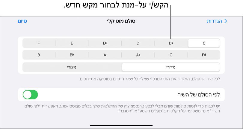 כלים לשליטה בסולם בהגדרות ״שיר״