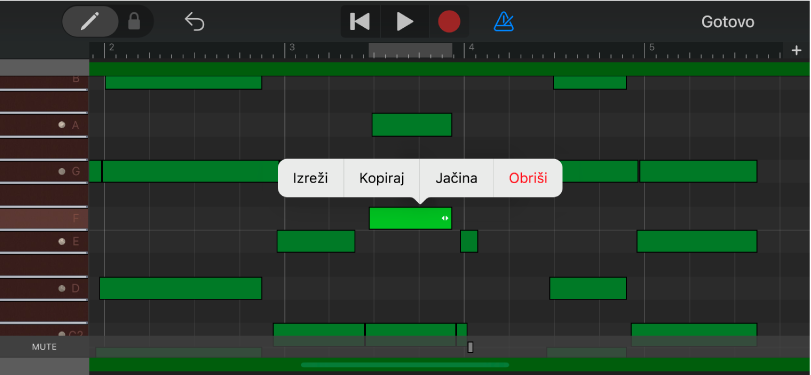 Prozor za uređivanje s notom odabran