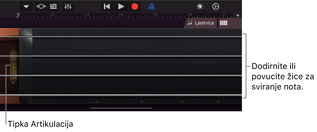Prikaz bilješki na dodirnom instrumentu Žičani instrument