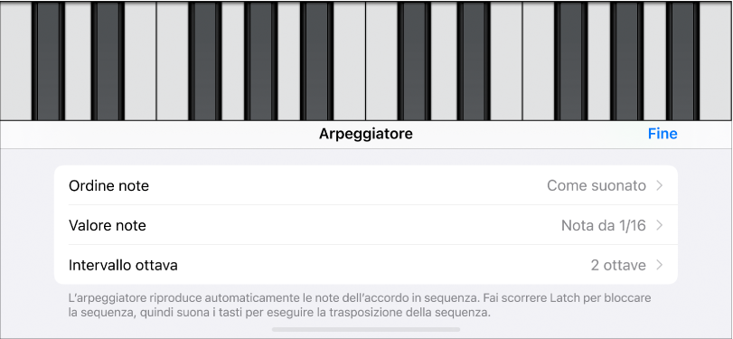 Controlli dell’arpeggiatore della Tastiera