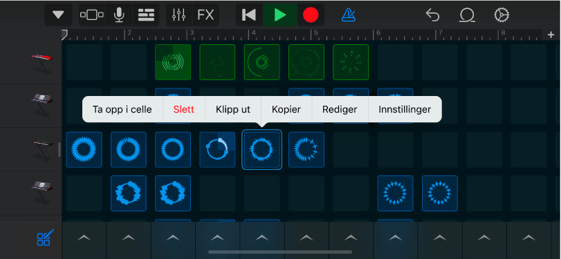 Figur. Live Loops-rutenett med celleredigering slått på.