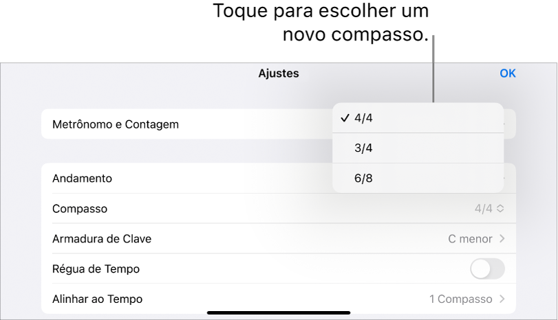 Controles de compasso nos ajustes da Música