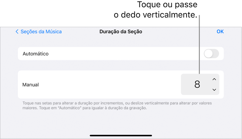 Controles para alterar a duração de uma seção da música