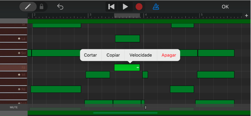 Editor com uma nota selecionada