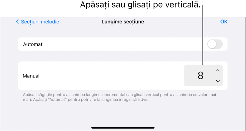 Comenzi pentru modificarea lungimii unei secțiuni de melodie