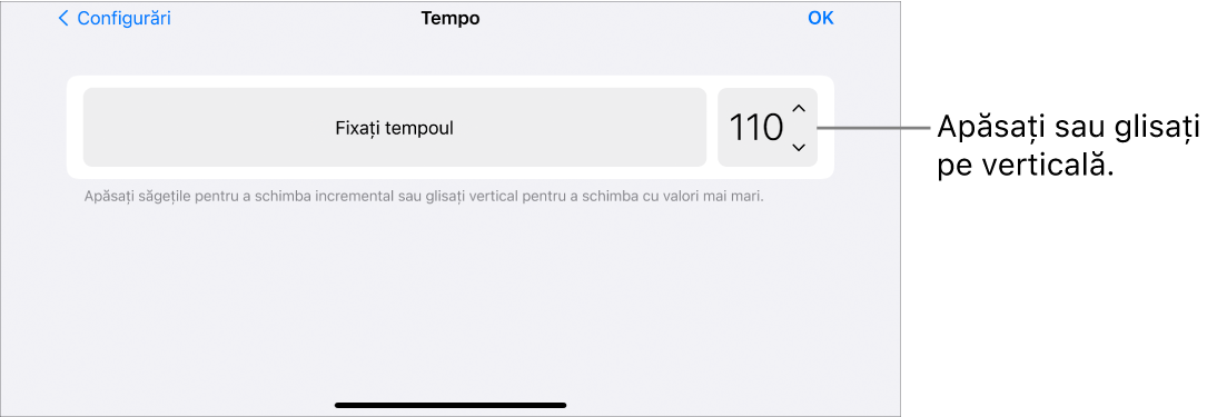 Comenzi pentru tempo în Configurări melodie