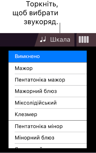 Кнопка «Звукоряд струнних» і список звукорядів