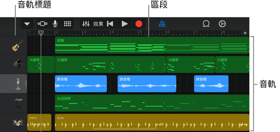 顯示音軌、標題和區段的「音軌」顯示方式