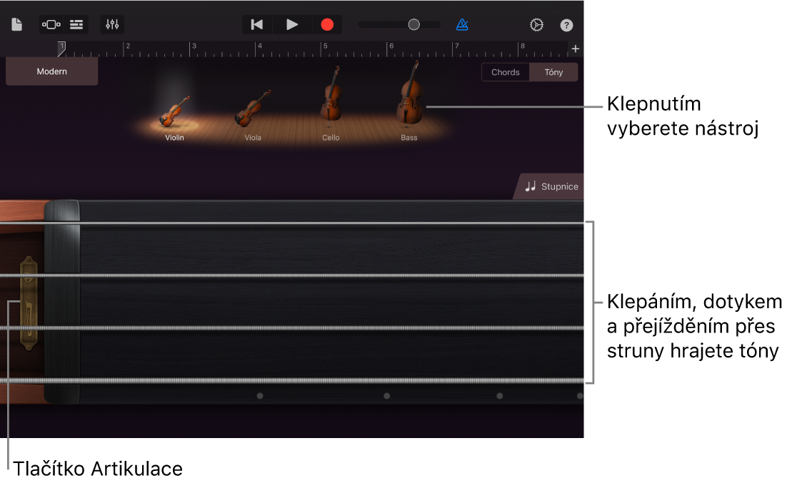 Zobrazení tónů na dotykovém nástroji Smyčce