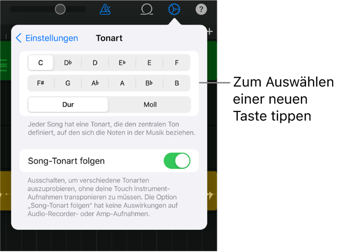 Songeinstellungen einschließlich Steuerelementen für die Tonart