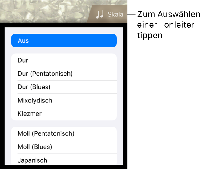 Taste „Skala“ und Tonskalenliste für den Bass