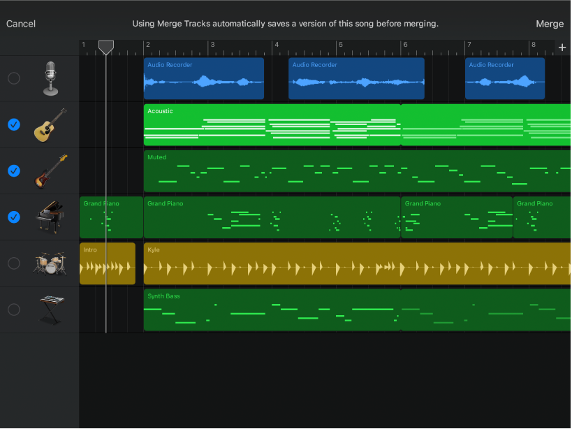 Track headers showing Merge Track circles