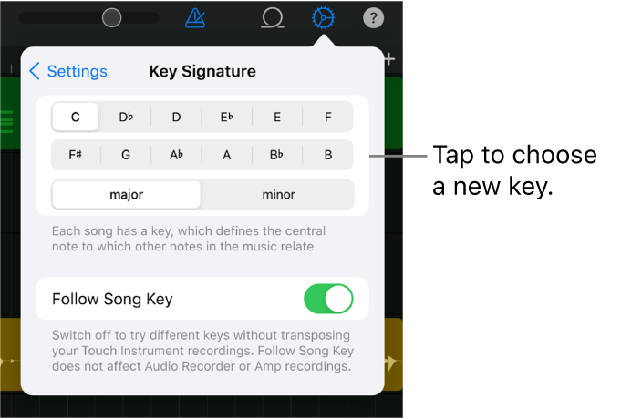 Song settings, including key controls