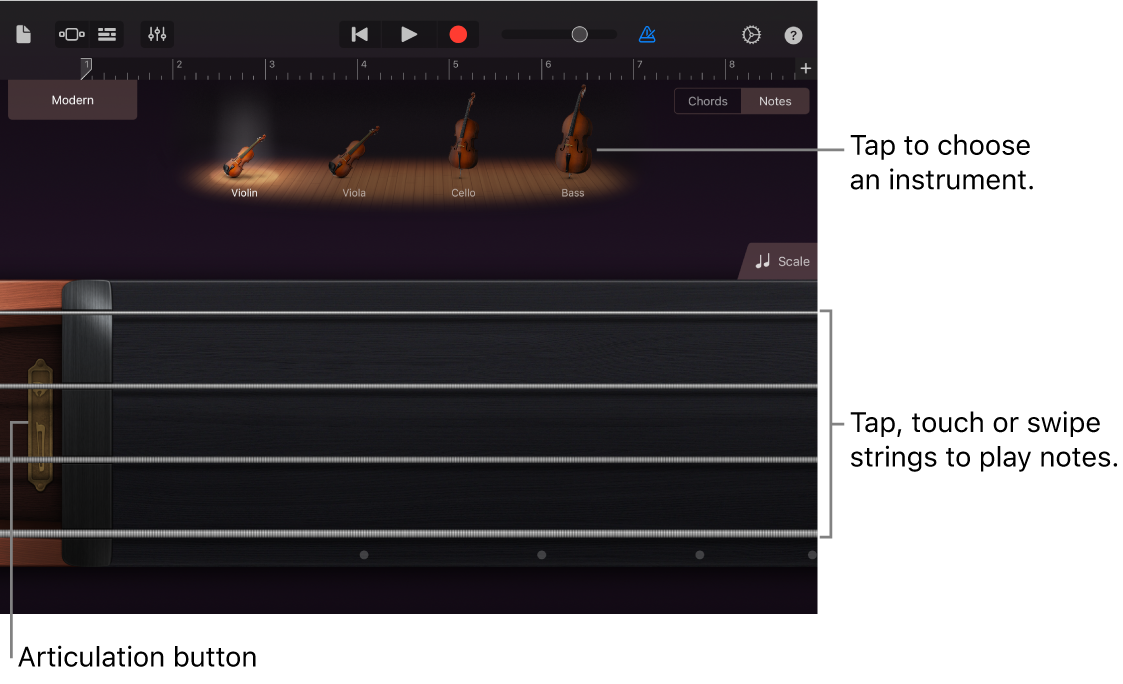 Notes view on the Strings Touch Instrument