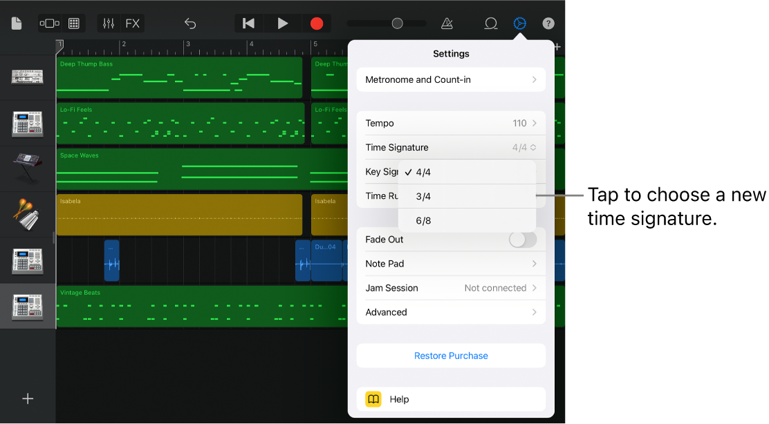 Song settings, including time signature controls