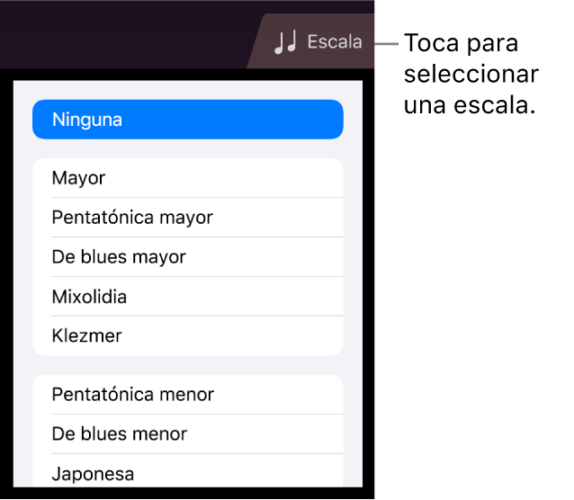 Botón "Escala de Cuerdas" y lista Escalas