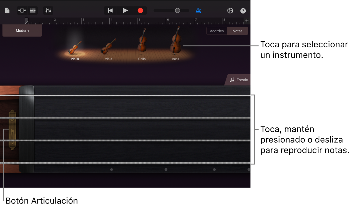 Visualización de notas en el instrumento táctil Cuerdas