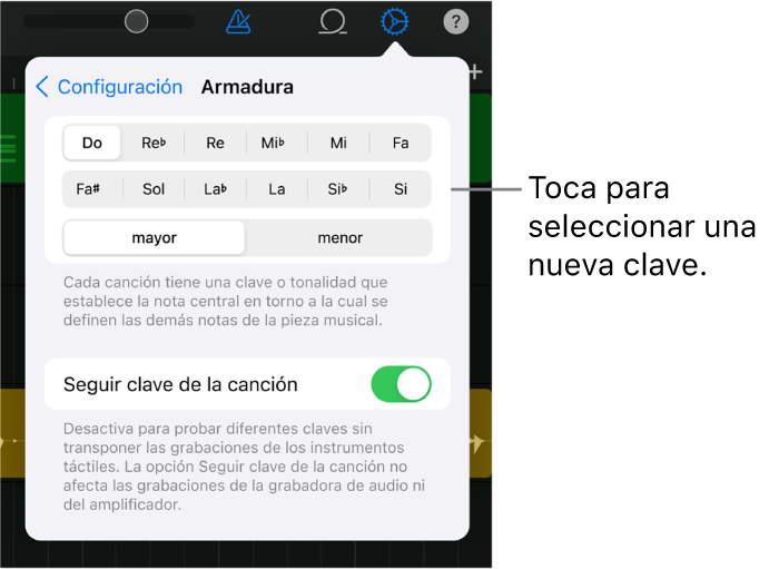 Configuración de la canción, incluidos los controles de clave