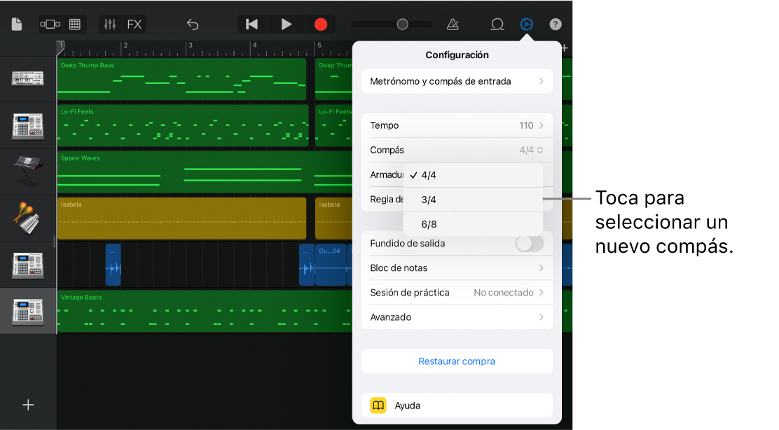 Configuración de la canción, incluidos los controles de compás