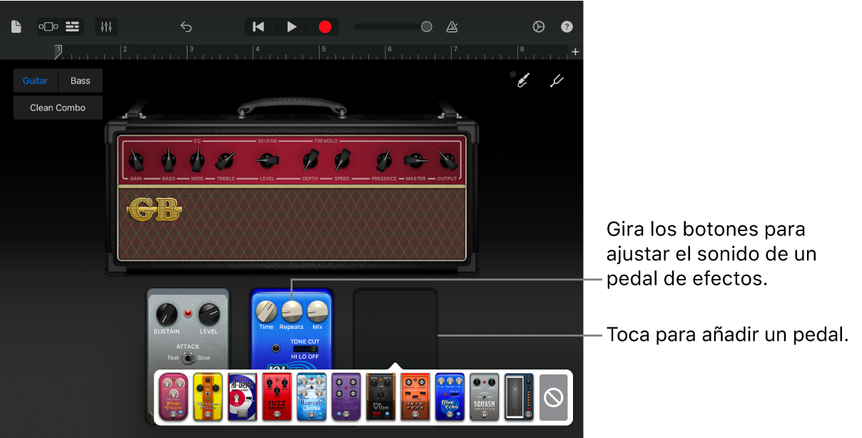 Zona de edición del pedal de efectos del amplificador de guitarra