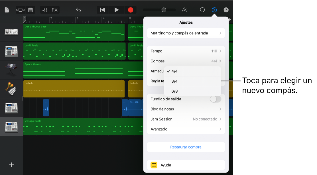 Ajustes de la canción, incluidos los controles de compás