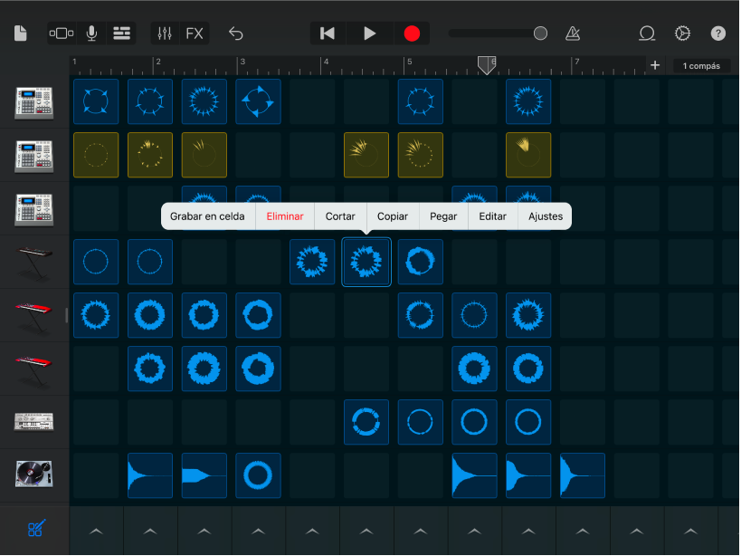 Figura. Parrilla de Live Loops con la edición de celdas activada.