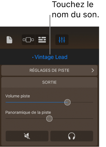 Illustration. Le nom du son actuel au-dessus des commandes de piste.