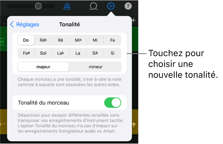 Réglages du morceau, y compris les réglages de tonalité