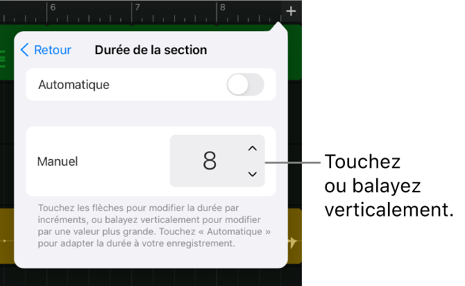 Commandes de modification de la durée d’une section de morceau