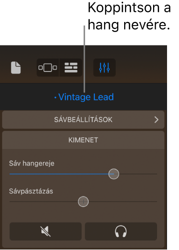 Ábra. Az aktuális hang neve a sávvezérlők felett.