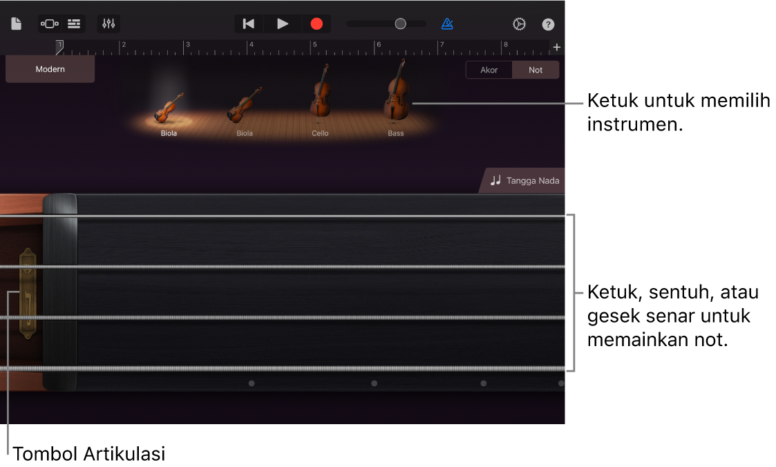 Tampilan catatan pada Instrumen Sentuh Senar