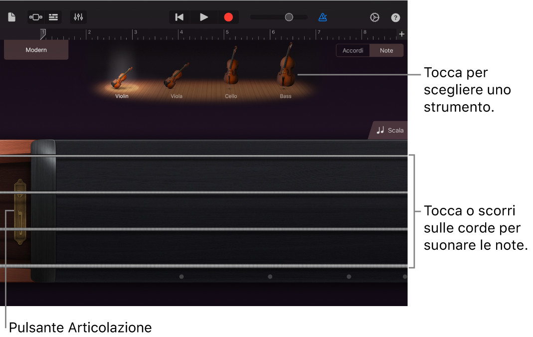 Note visualizzate sullo strumento Touch Archi