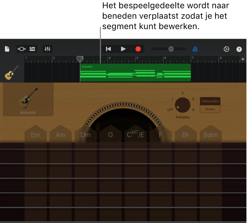 Het bespeelgedeelte wordt naar beneden verplaatst en het segment wordt weergegeven.