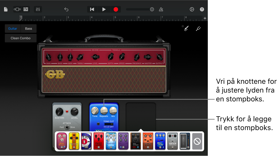 Redigeringsområde for stompboks i Gitarforsterker