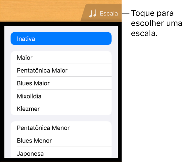 Botão Escala da Guitarra e lista Escala