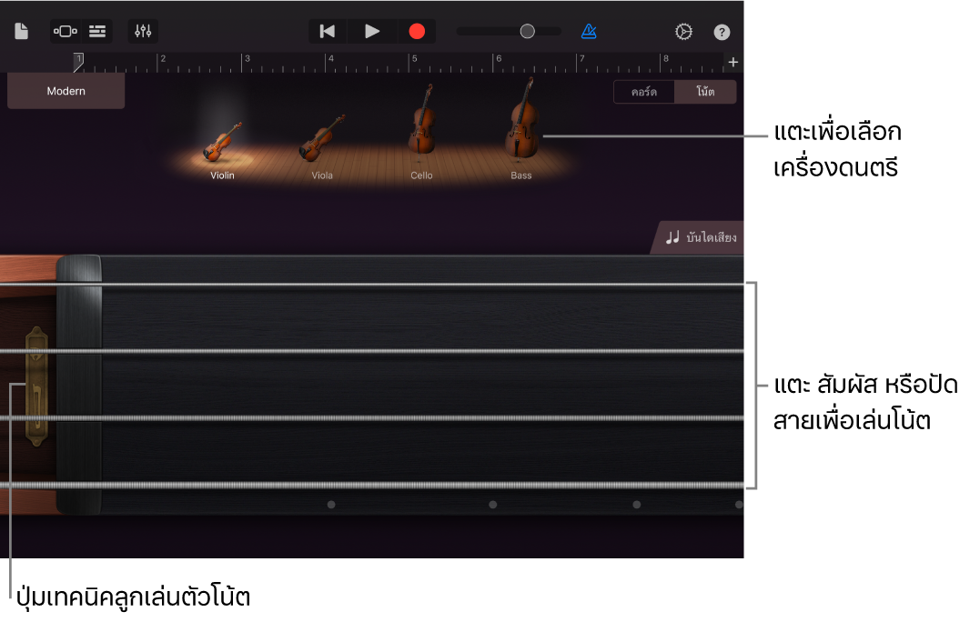 มุมมองโน้ตบนเครื่องดนตรีแบบสัมผัสเครื่องสาย
