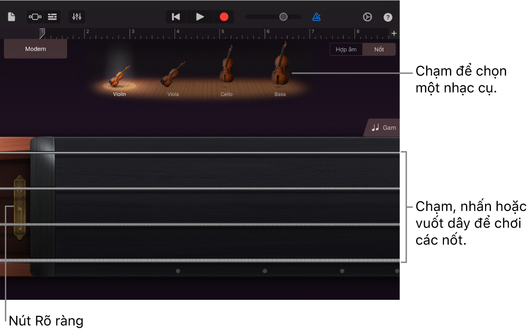 Chế độ xem Nốt trên nhạc cụ cảm ứng Đàn dây