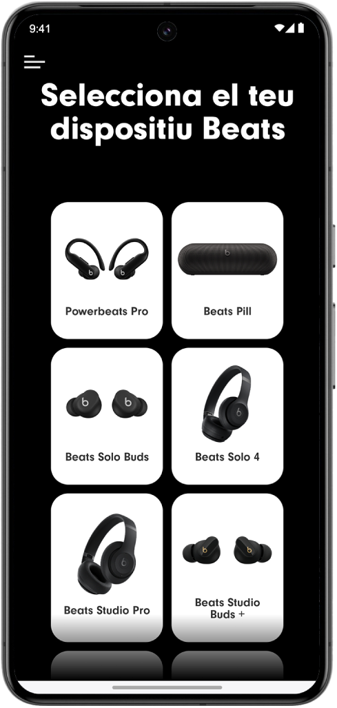 Pantalla “Selecciona el teu dispositiu Beats” de l’app Beats que mostra els dispositius Beats compatibles.