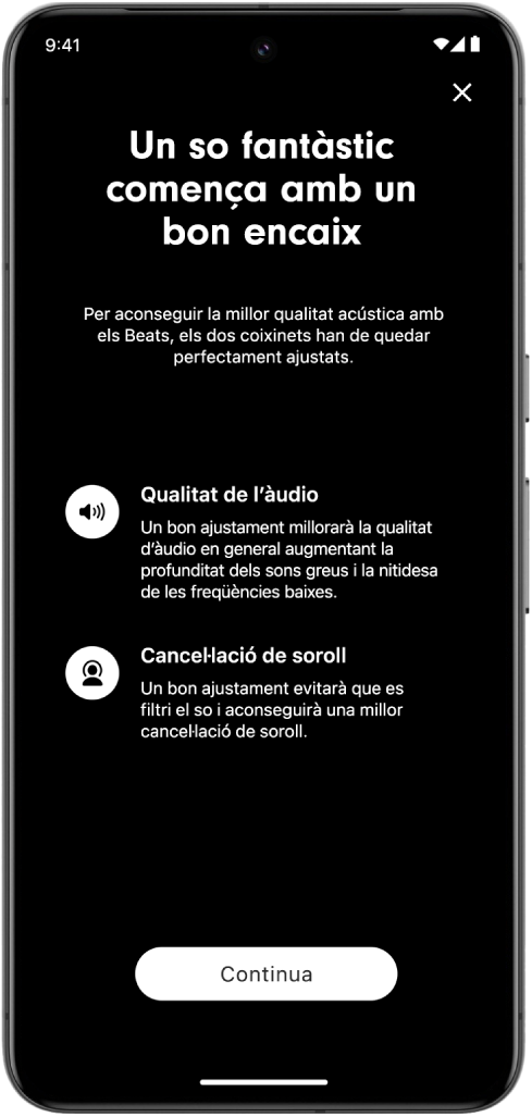 Pantalla de prova d’encaix de l’app Beats en un dispositiu Android.