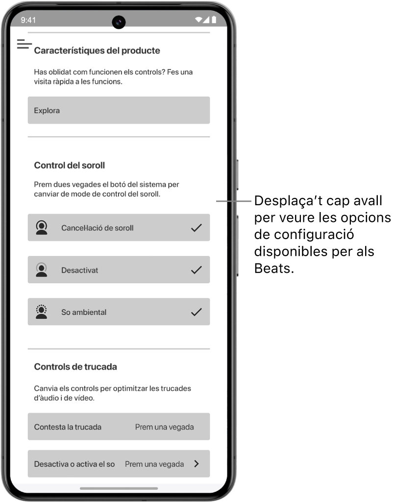 Pantalla del dispositiu de l’app Beats que mostra les opcions disponibles per als auriculars Beats Studio Pro connectats.