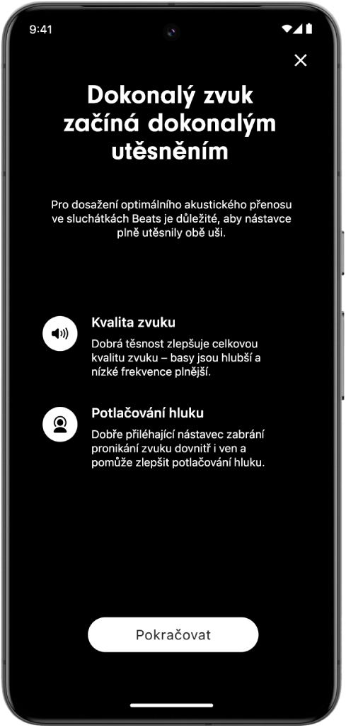 Obrazovka testu těsnosti v aplikaci Beats na zařízení s Androidem