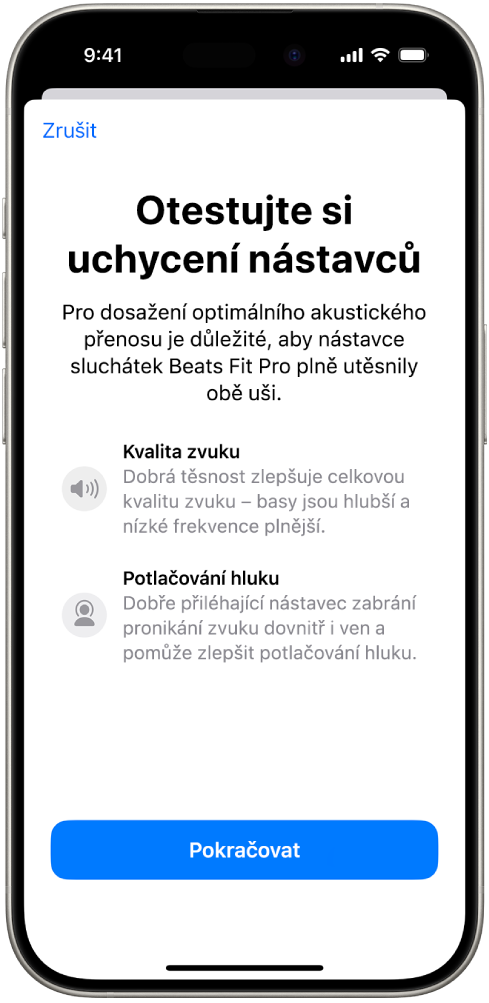 Displej iPhonu s testem těsnosti nástavců sluchátek Beats Fit Pro.