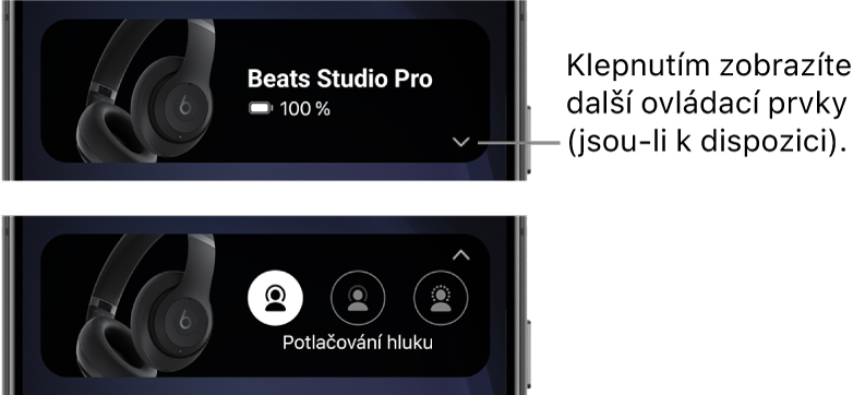 Na prvním obrázku je vidět widget aplikace Beats s připojenými sluchátky Beats Studio Pro a tlačítkem pro zobrazení dalších ovládacích prvků; na druhém obrázku se ve widgetu zobrazují ovládací prvky režimu potlačování hluku