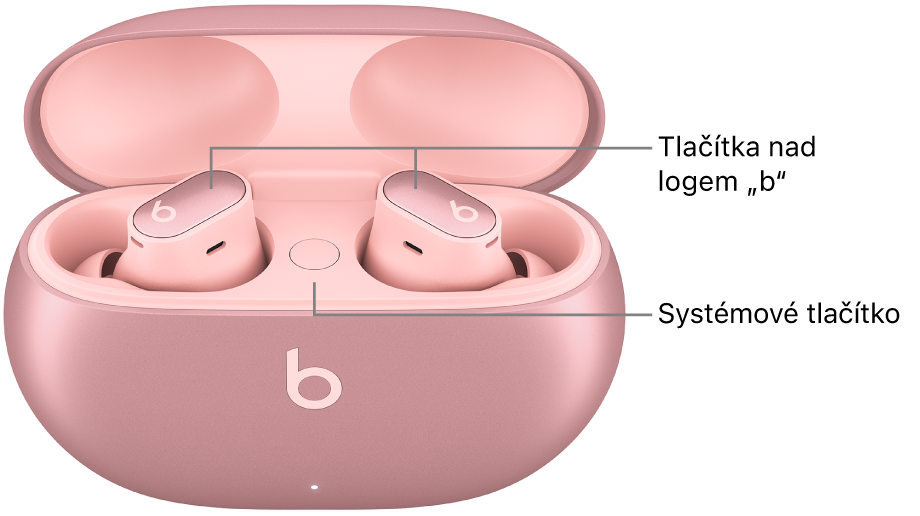 Obrázek Beats Studio Buds + s vyznačeným umístěním tlačítek nad logem „b“ na sluchátkách a systémového tlačítka v nabíjecím pouzdře