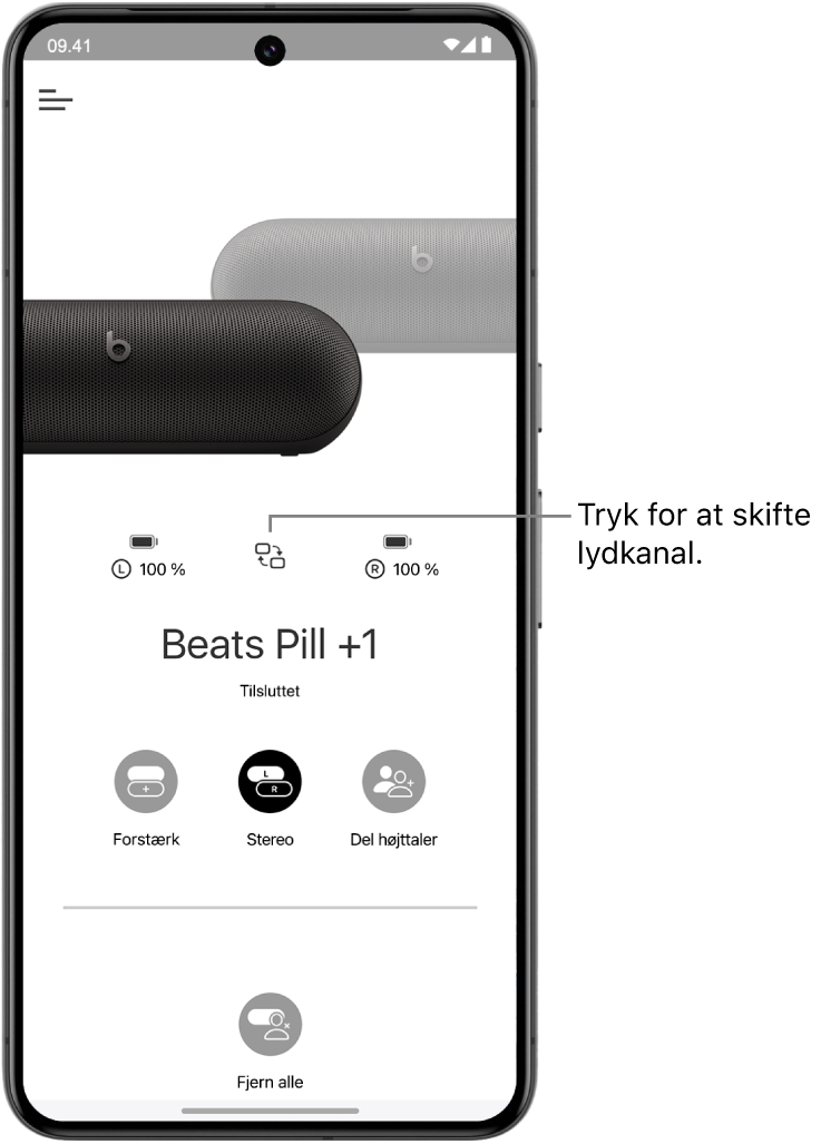 Enhedsskærmen i Beats-appen viser to forbundne Beats Pill-højttalere i en stereogruppe og knappen til at ændre kanalens lydkanaler.