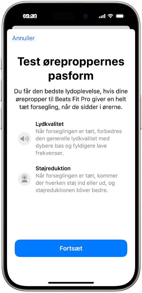 En skærm på iPhone, der viser funktion Test af øreproppernes pasform til Beats Fit Pro.