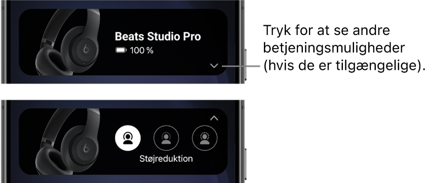 Det første billede viser widgetten til Beats-appen, som viser forbundne Beats Studio Pro-hovedtelefoner og en knap til at vise andre betjeningsmuligheder. Det andet billede viser betjeningsmuligheder til Støjreduktion i widgetten.